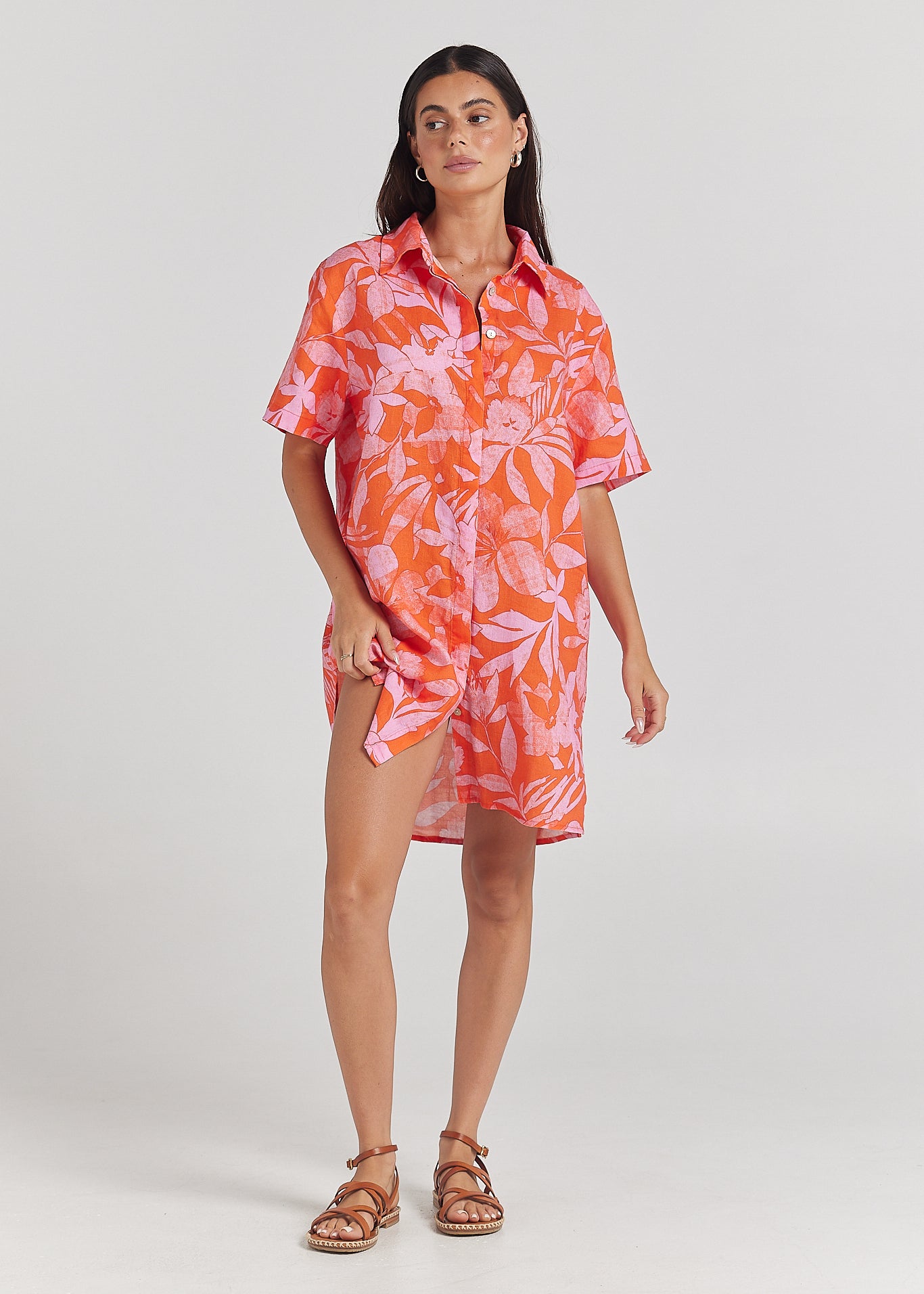 Moorea 100% Linen Shirt Dress - Watermelon